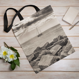 Lina vai kokvilnas auduma maisiņš «Laiva jūrā» | Kolekcija «Melnbalts»