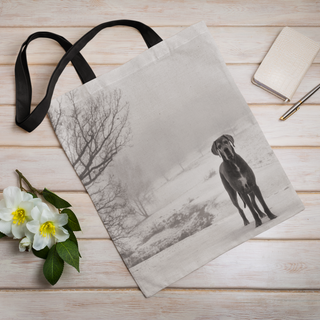 Lina vai kokvilnas auduma maisiņš «Suns ziemas pastaigā» | Kolekcija «Melnbalts»