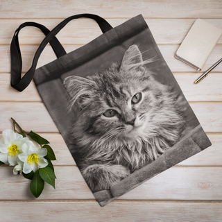 Lina vai kokvilnas auduma maisiņš «Pūkains kaķis» | Kolekcija «Melnbalts»