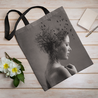 Lina vai kokvilnas auduma maisiņš «Dzejolis par putniem viņas prātā» | Kolekcija «Melnbalts»