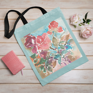 Lina vai kokvilnas auduma maisiņš «Izteiksmīgas akvareļu rozes uz zila fona» | Kolekcija «Aquarello»