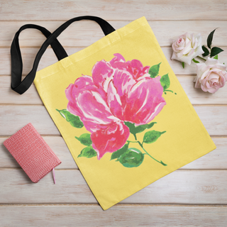 Lina vai kokvilnas auduma maisiņš «Rozā zieds uz dzeltena fona» | Kolekcija «Aquarello»